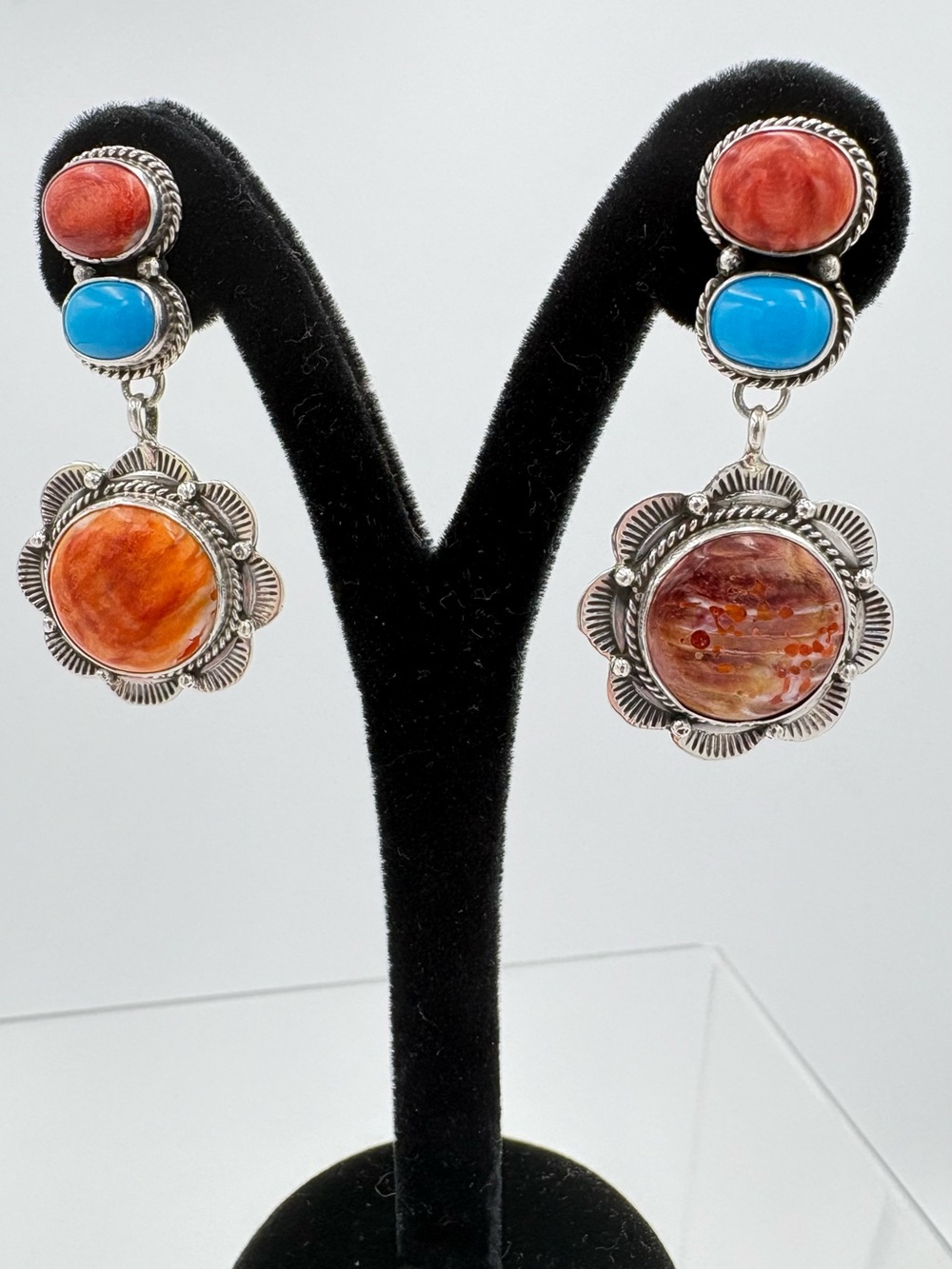 Vintage Etta Endito Navajo 925 Silver Spiny Oyster Shell & Turquoise Earrings - Picture 1 of 10